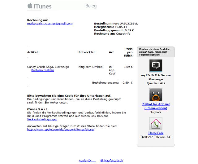 Watchlist Internet: Vorsicht: Gefälschte iTunes-Rechnungen!