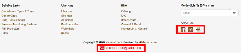 Footer Silahmall.com, nicht vertrauenswürdige E-Mail-Adresse, Social-Media-Links nicht funktionsfähig