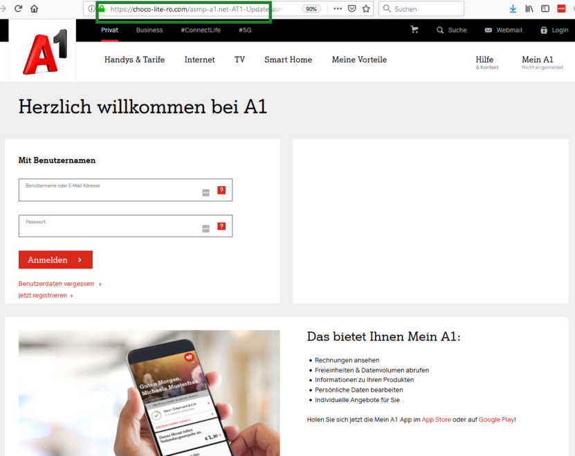 Eine gefälsche Log-in-Seite erkennen Sie am Link: es handelt sich nicht um die offizielle A1-Webadresse, sondern um eine unplausible Adresse.