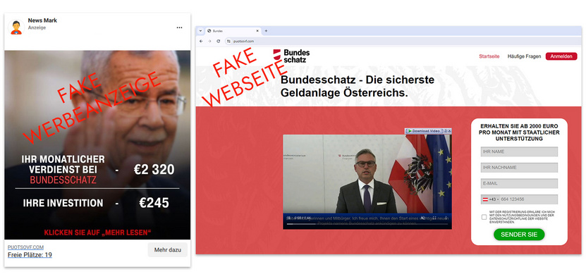 Screenshots der betrügerischen Werbeanzeige, auf der Bundespräsident Alexander Van der Bellen abgebildet ist und von der betrügerischen Webseite puotsovf.com