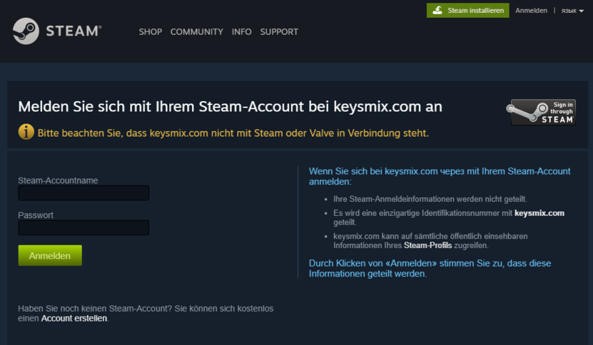 Die Phishing-Website keysmix.com