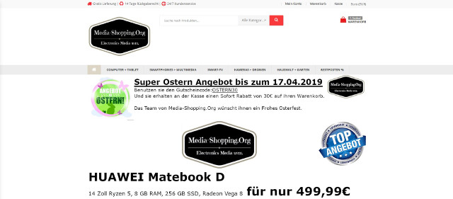 Der Fake-Shop media-shopping.org wirbt mit einem sehr verlockenden Oster-Angebot