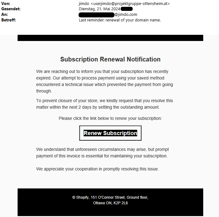 jimdo-phishing-mail zu angeblichen zahlungsproblemen