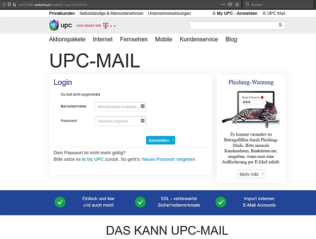 Eine gefälschte upc.at-Website.