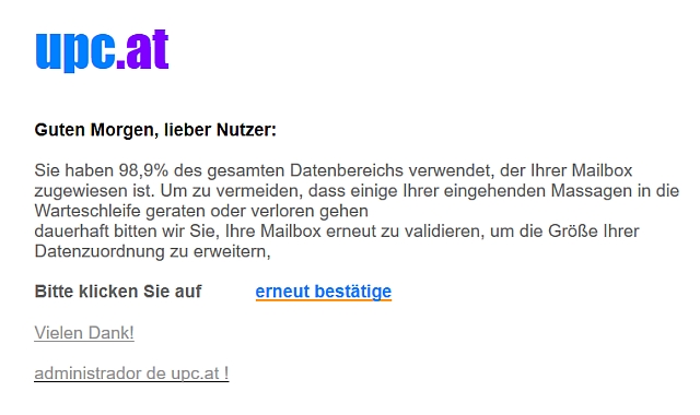 Eine gefälschte upc.at-Mail.