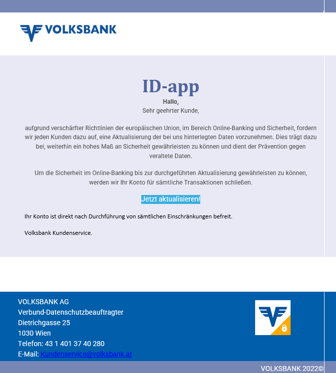 Phishing-Mail im Namen der Volksbank / Screenshot Watchlist Internet