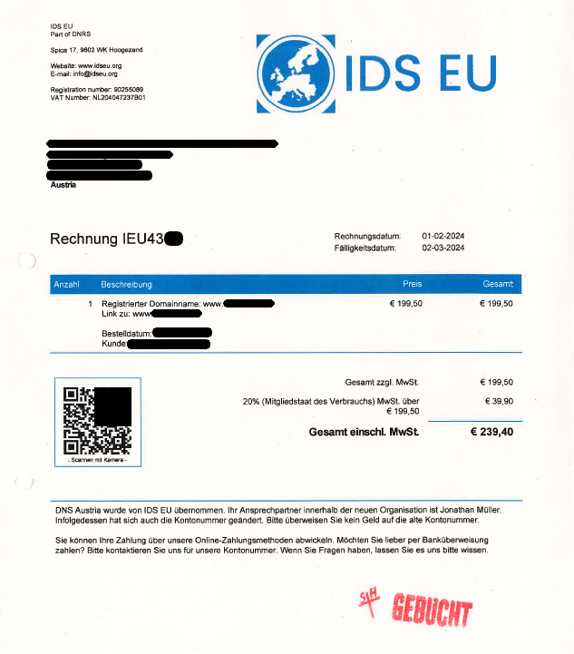 eine unseriöse Zahlungsaufforderung der IDS EU