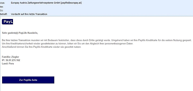 Watchlist Internet Unechte Paylife Mail Verdacht Auf Ihre Letzte Transaktion